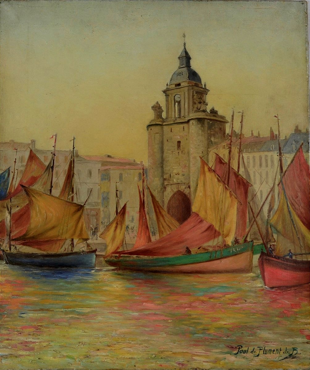 Paul Charles De Plument De Bailhac, “port Of La Rochelle,” Oil On Canvas, 20th Century-photo-2