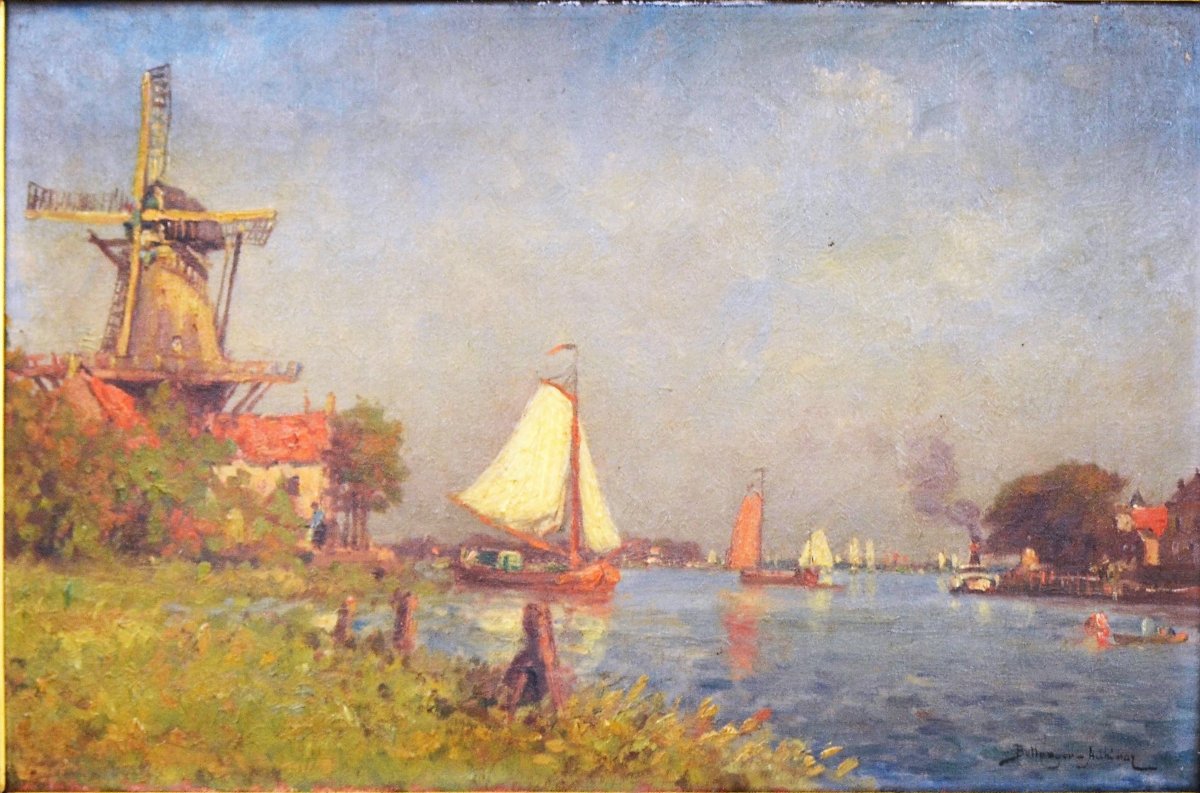 Paul Bellanger-adhémar, “riverbanks In Holland,” Oil On Canvas, 19th/20th Century-photo-3