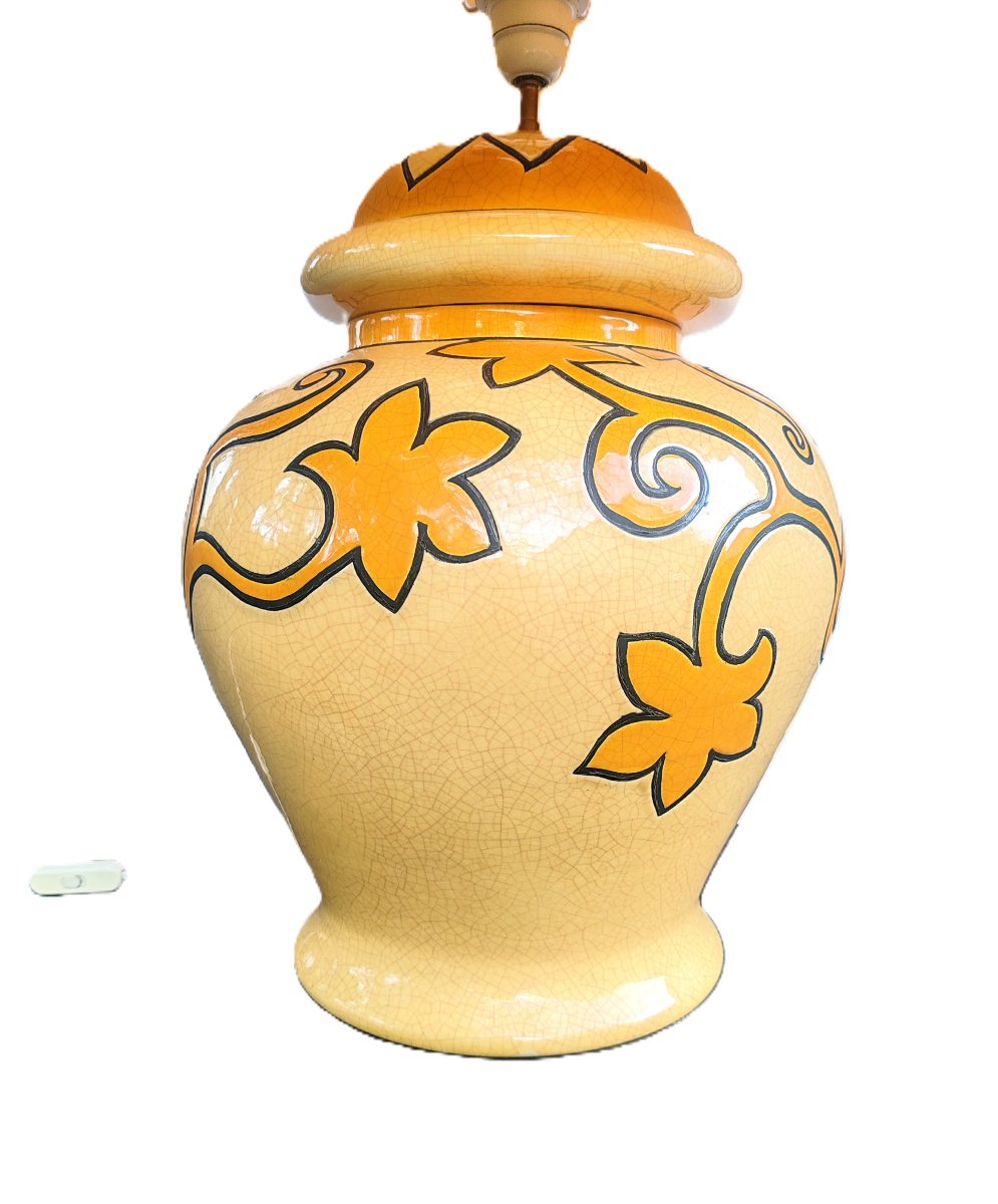 Grande Lampe Potiche Vintage en Faïence de Longwy décor de fleurs stylisées– Années 70/80-photo-4