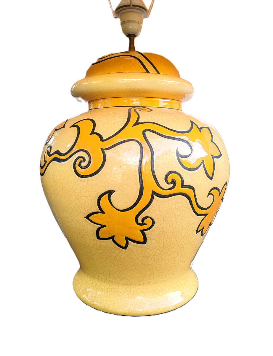 Grande Lampe Potiche Vintage en Faïence de Longwy décor de fleurs stylisées– Années 70/80-photo-1