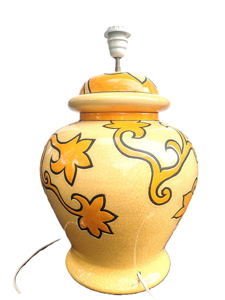 Grande Lampe Potiche Vintage en Faïence de Longwy décor de fleurs stylisées– Années 70/80-photo-2