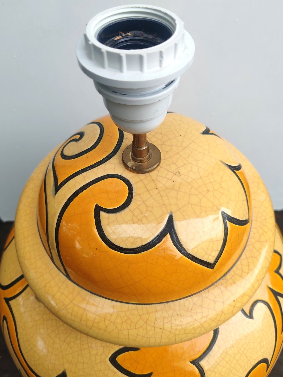 Grande Lampe Potiche Vintage en Faïence de Longwy décor de fleurs stylisées– Années 70/80-photo-3