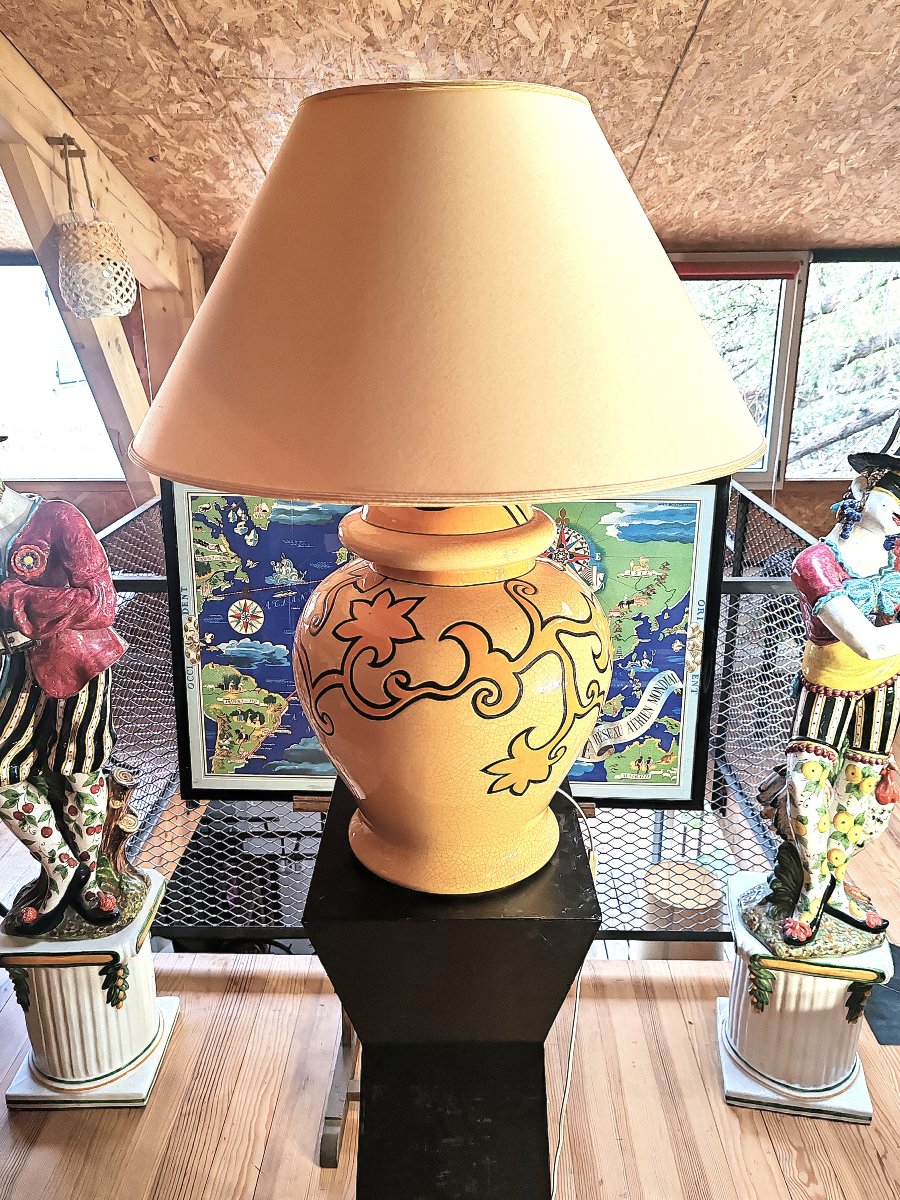 Grande Lampe Potiche Vintage en Faïence de Longwy décor de fleurs stylisées– Années 70/80