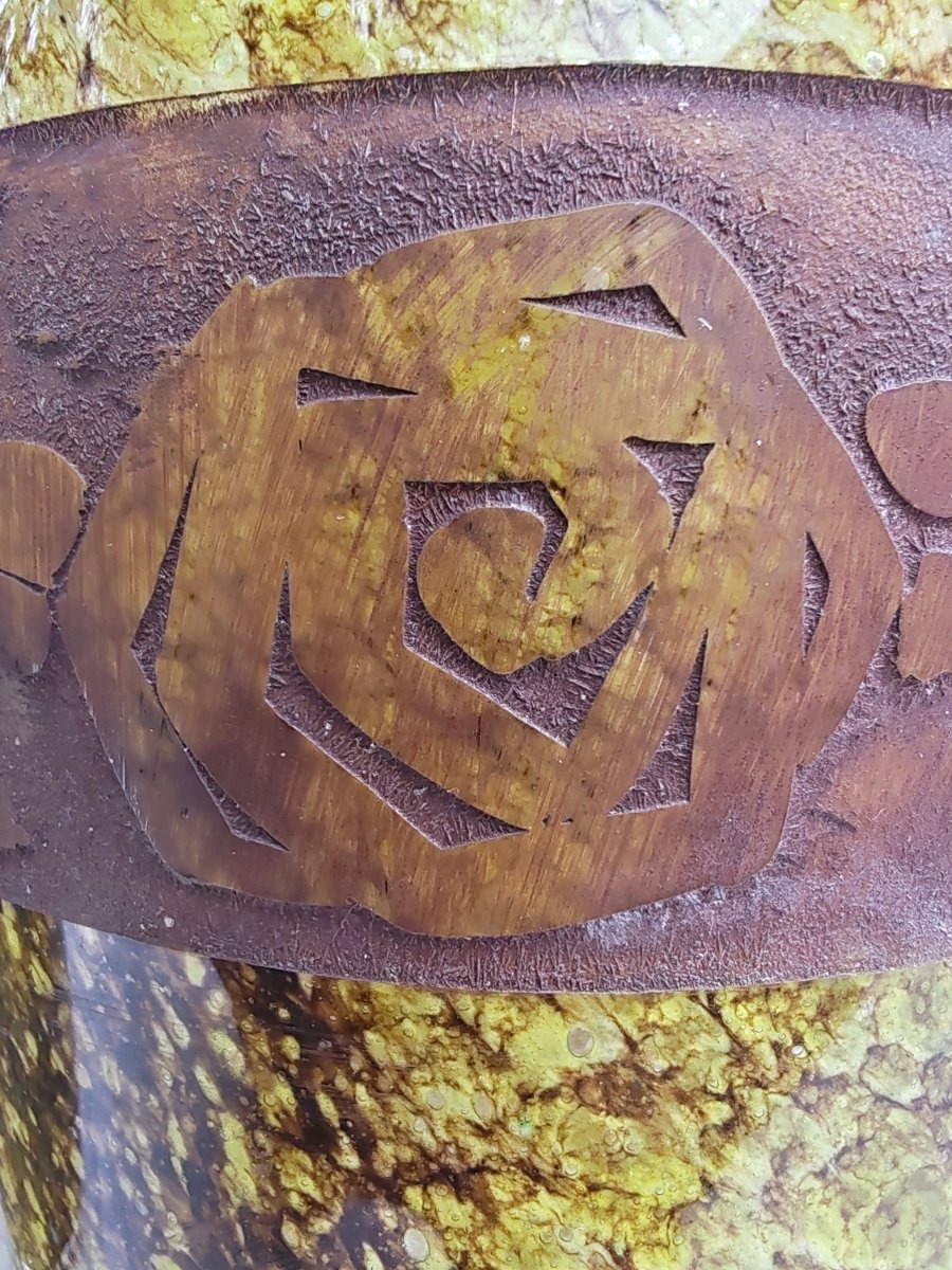 LEGRAS Paire de vases ovoides en verre marmoréen panse ceinte d’une frise dépolie -photo-4