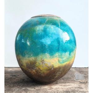 Gisèle Buthod-Garçon Grand vase en grés émaillé nuancé de couleur bleu vert ocre XX ème