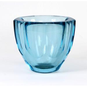 DAUM Nancy France Vase cristal bleu à côtes taillées vers 1930