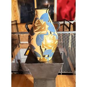 Louis Giraud Trés grand vase en céramique des années 1930 à décor peint au Ripolin