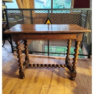 Table: Four-legged Walnut Console Table With Twisted Legs, Louis XIII Style, 17th Century