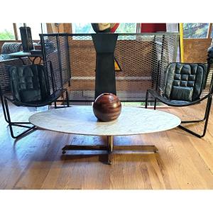 Oval Coffee Table With Chrome-plated Metal Legs And A White Marble Top, Attributed To Florence Knoll