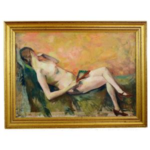 jacques bergmans « Nu couché à l’éventail » huile sur toile XX ème