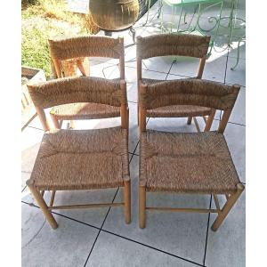Charlotte Perriand Chaises Dordogne en frêne et paille édition Sentou vers1950/60 set de 4