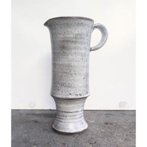 Michel ANASSE Grand Pichet / Vase en grès émaillé blanc sur fond brun vers 1965