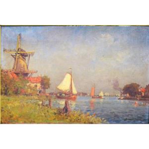 Paul Bellanger-Adhémar « Bords de rivière en Hollande » Huile sur toile XIX / XX ème