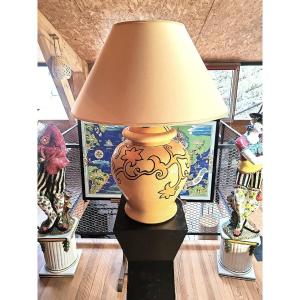 Grande Lampe Potiche Vintage en Faïence de Longwy décor de fleurs stylisées– Années 70/80