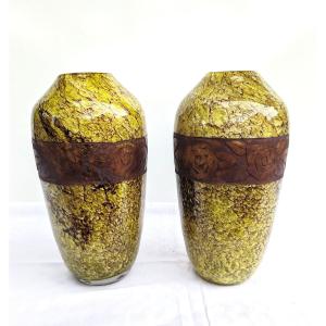 Legras Pair Of Ovoid Vases Made Of Marbled Glass, With A Frosted Frieze Encircling The Body 