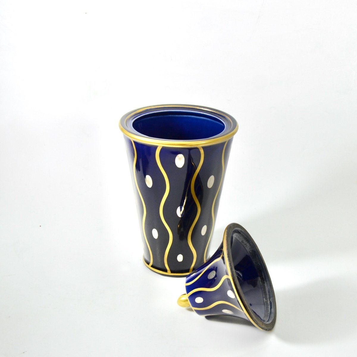 Blue, Gold And Silver Art Deco Vase Signed Gustave Asch, Sainte Radegonde-photo-3