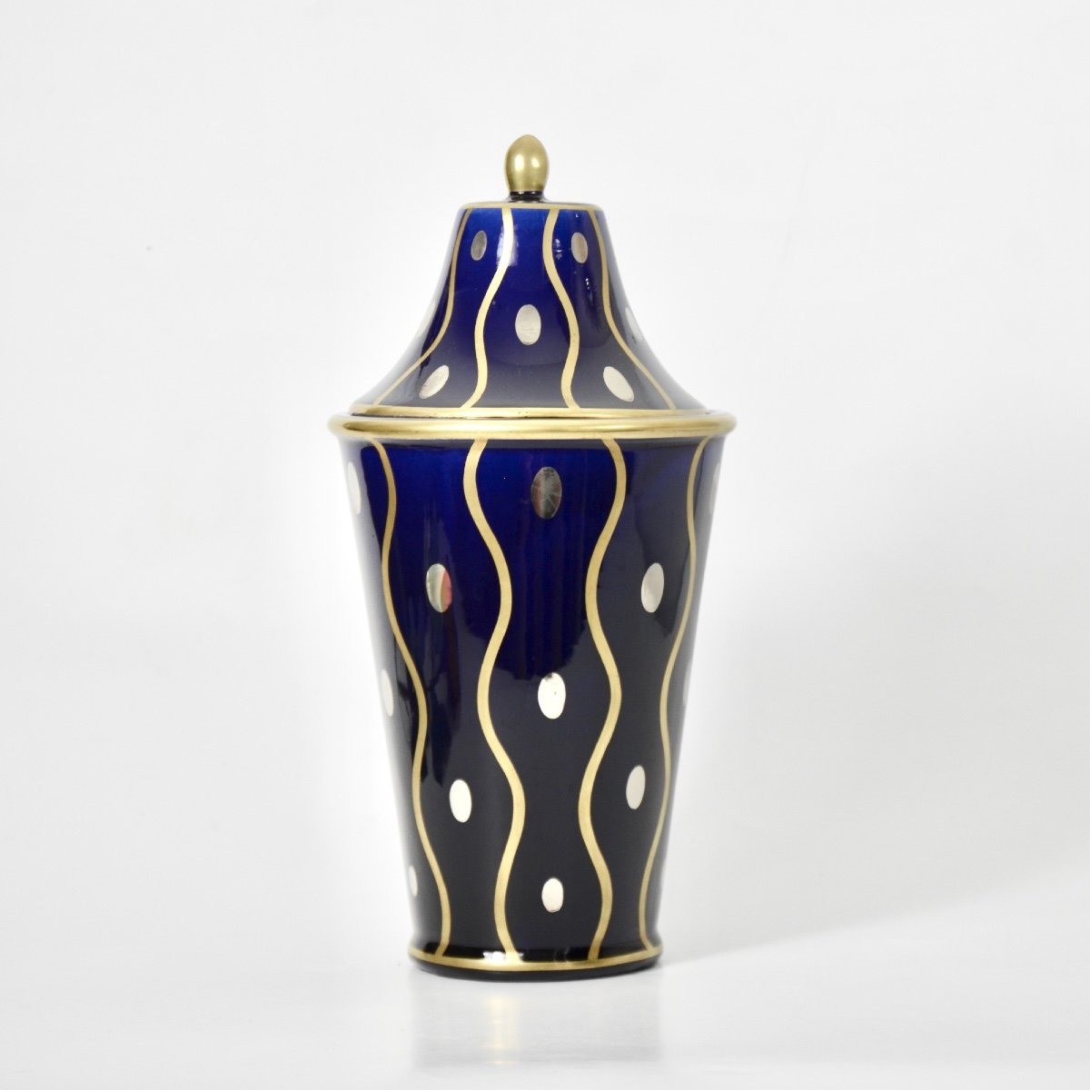 Blue, Gold And Silver Art Deco Vase Signed Gustave Asch, Sainte Radegonde