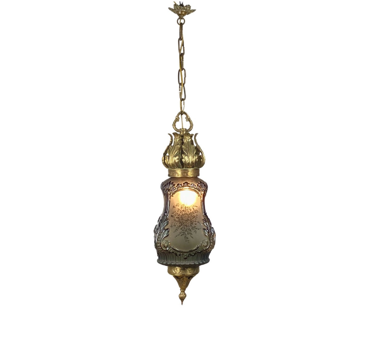 Imposant  lustre à suspension XIXème bronze et verre opaque-photo-2