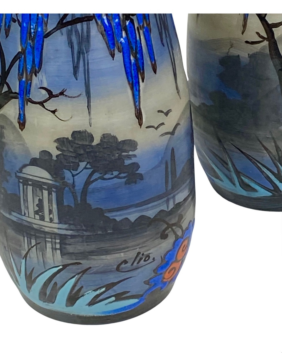Pair Of Art Deco Enamelled Glass Vases By Clio - Cabinet Display-photo-2
