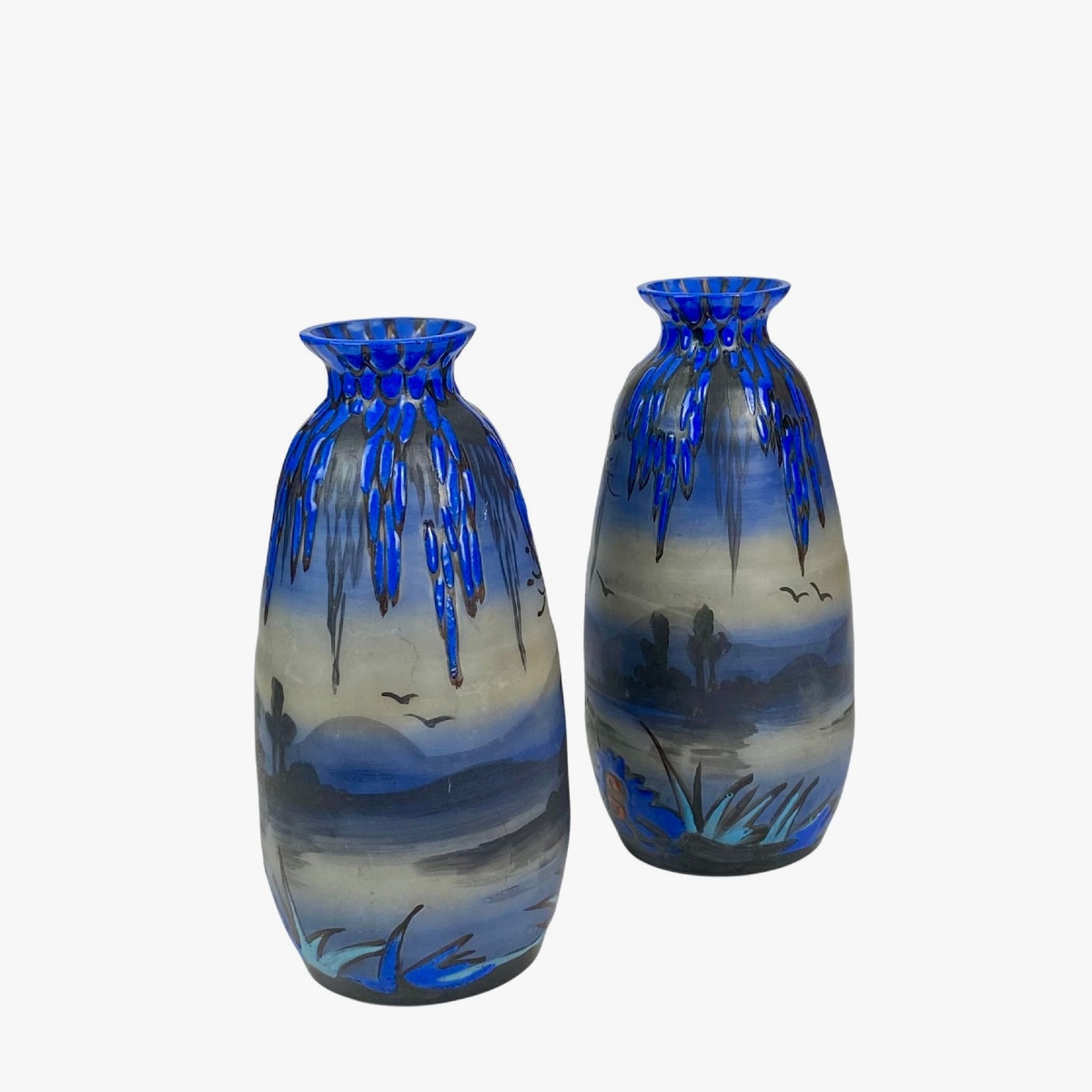 Pair Of Art Deco Enamelled Glass Vases By Clio - Cabinet Display-photo-3