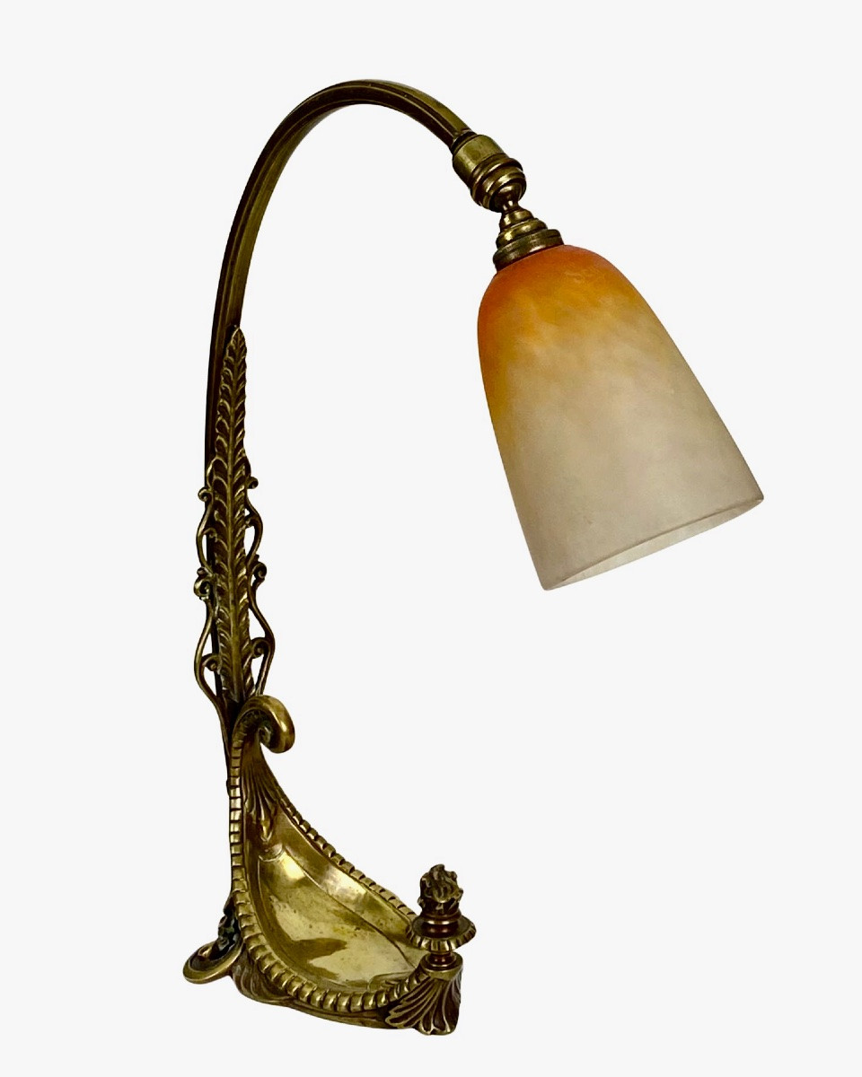 Art Nouveau Lamp, Bronze, Pâte De Verre, Signed Schneider-photo-4