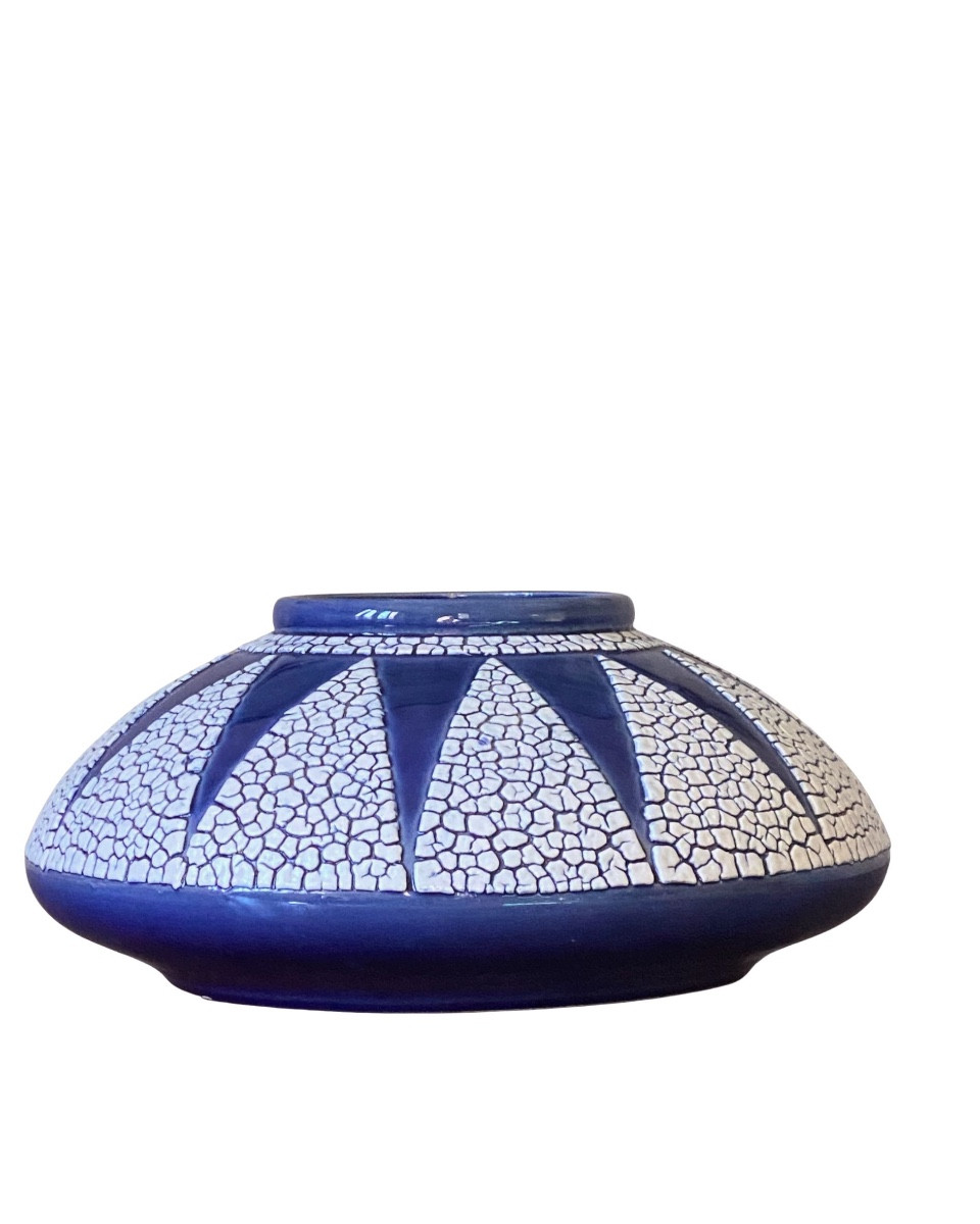 Vase Art Déco Faïence émaillé bleu Saint Clément,1930-photo-3