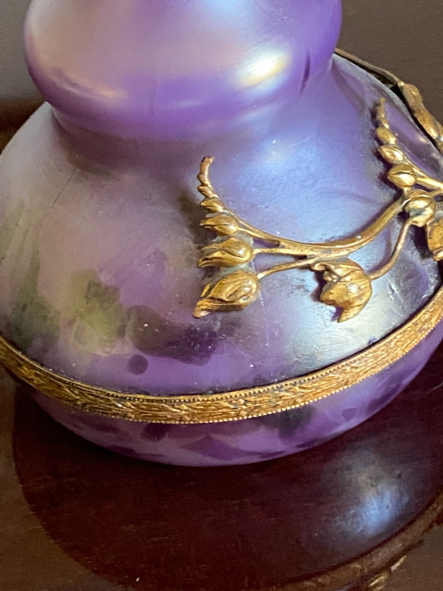 Art Nouveau Bohemian Vase In  Amethyst Satin  Glass, Gold Decoration, Glassware, Circa 1900-photo-2