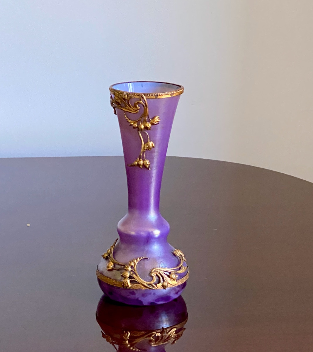Art Nouveau Bohemian Vase In  Amethyst Satin  Glass, Gold Decoration, Glassware, Circa 1900-photo-4