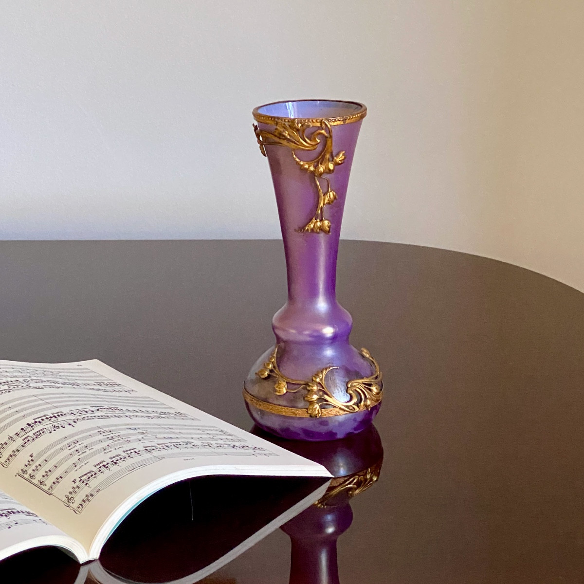 Art Nouveau Bohemian Vase In  Amethyst Satin  Glass, Gold Decoration, Glassware, Circa 1900-photo-3