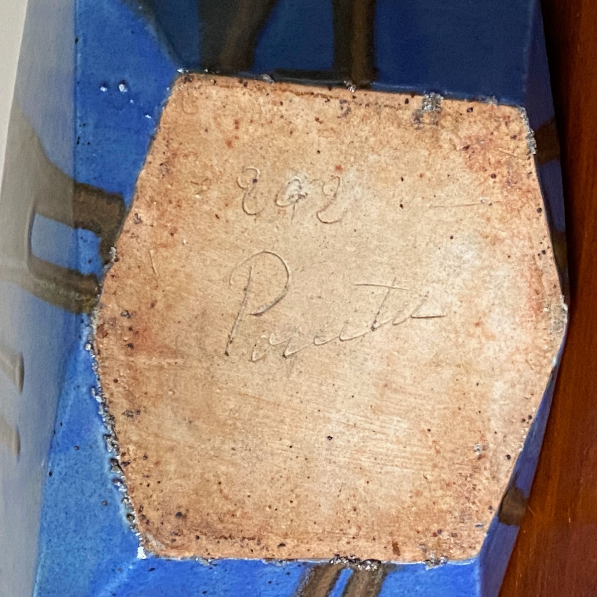 Léon Pointu  Vase Art Déco géométrique en grès émaillé bleu à coulures brunes, vers 1925-photo-3