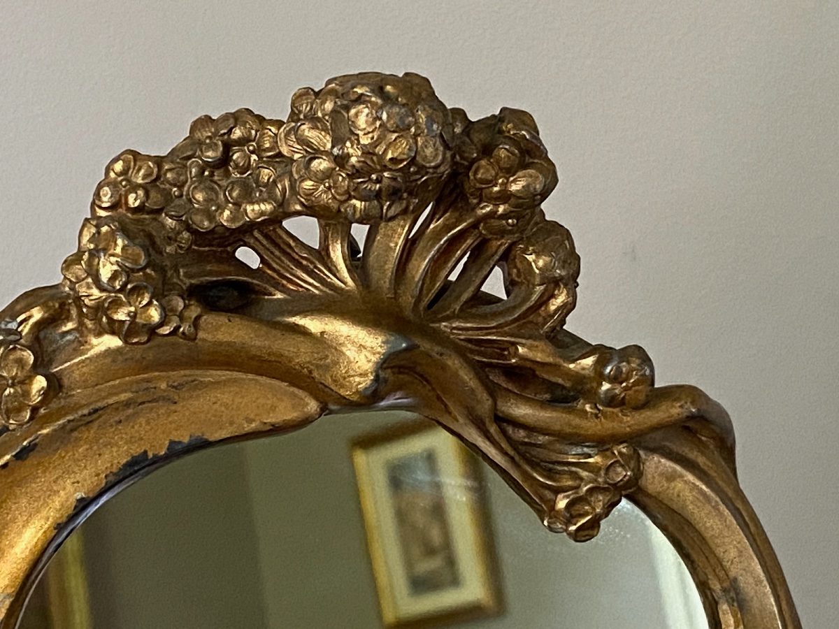 Auguste Moreau (1834–1917)  « Ombelles » Miroir de table en étain doré, Art Nouveau, vers 1900-photo-2