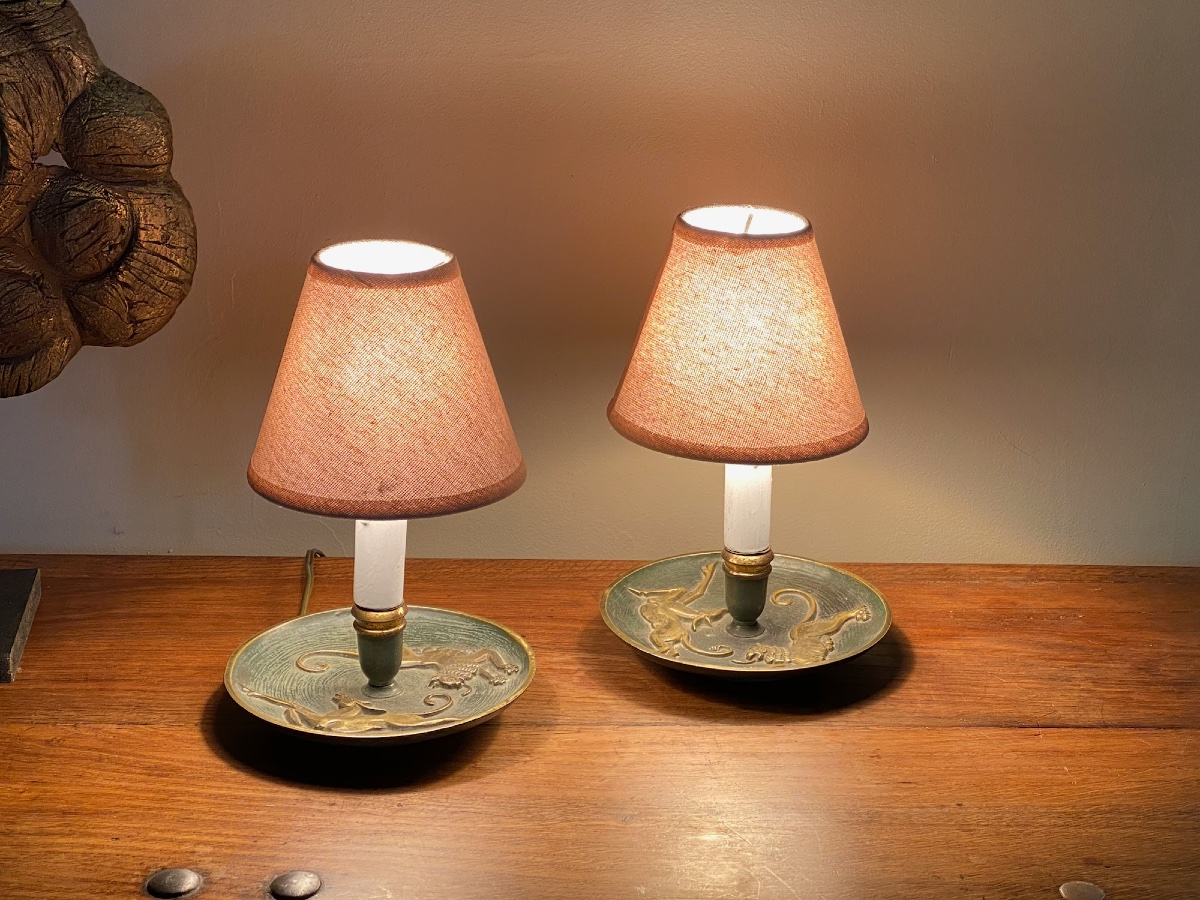 Pair Of Art Deco Bedside Lamps In The Style Of Max Le Verrier