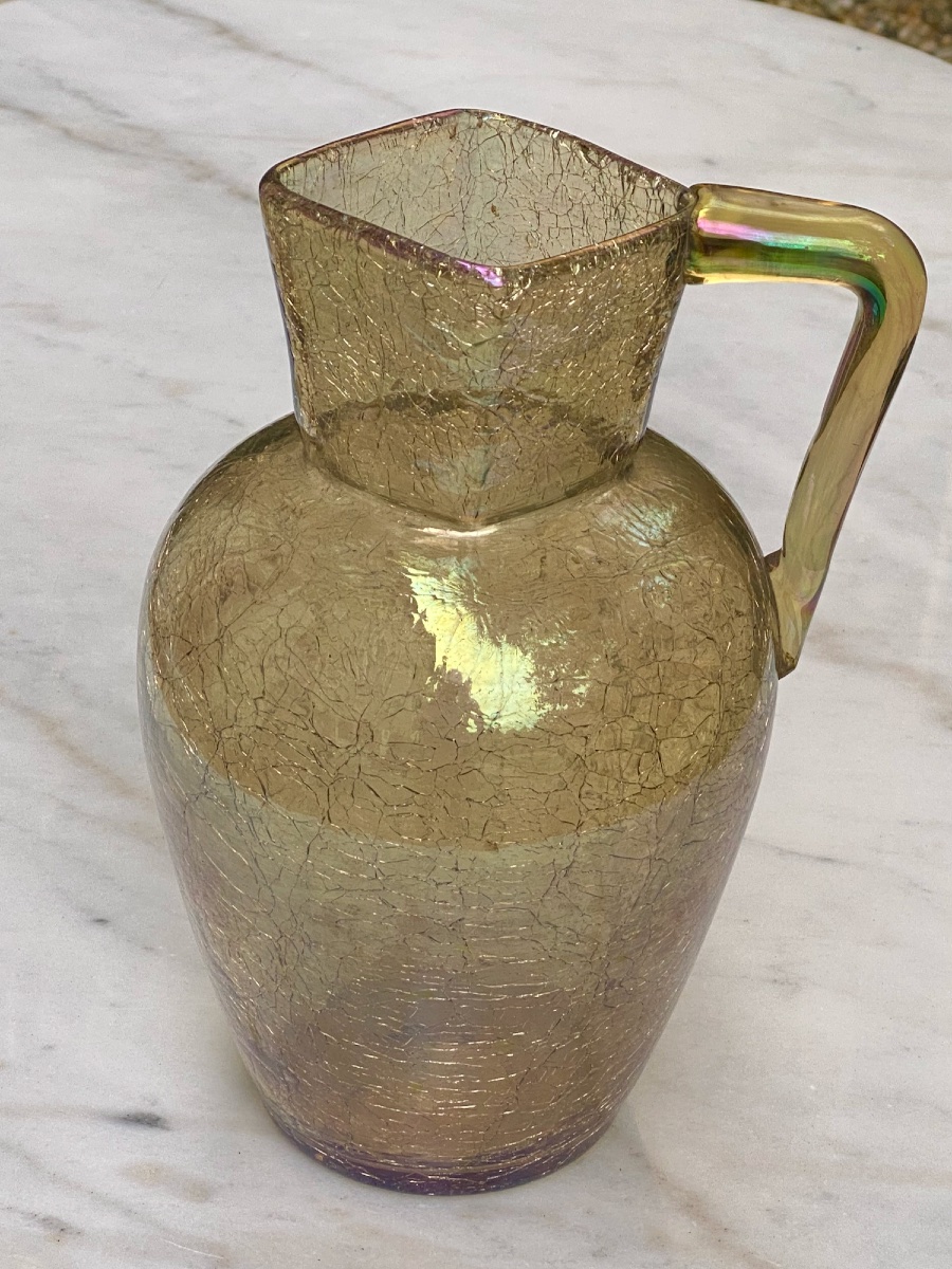 Large Bohemian Iridescent Crackled Glass Pitcher, Circa 1900-photo-2