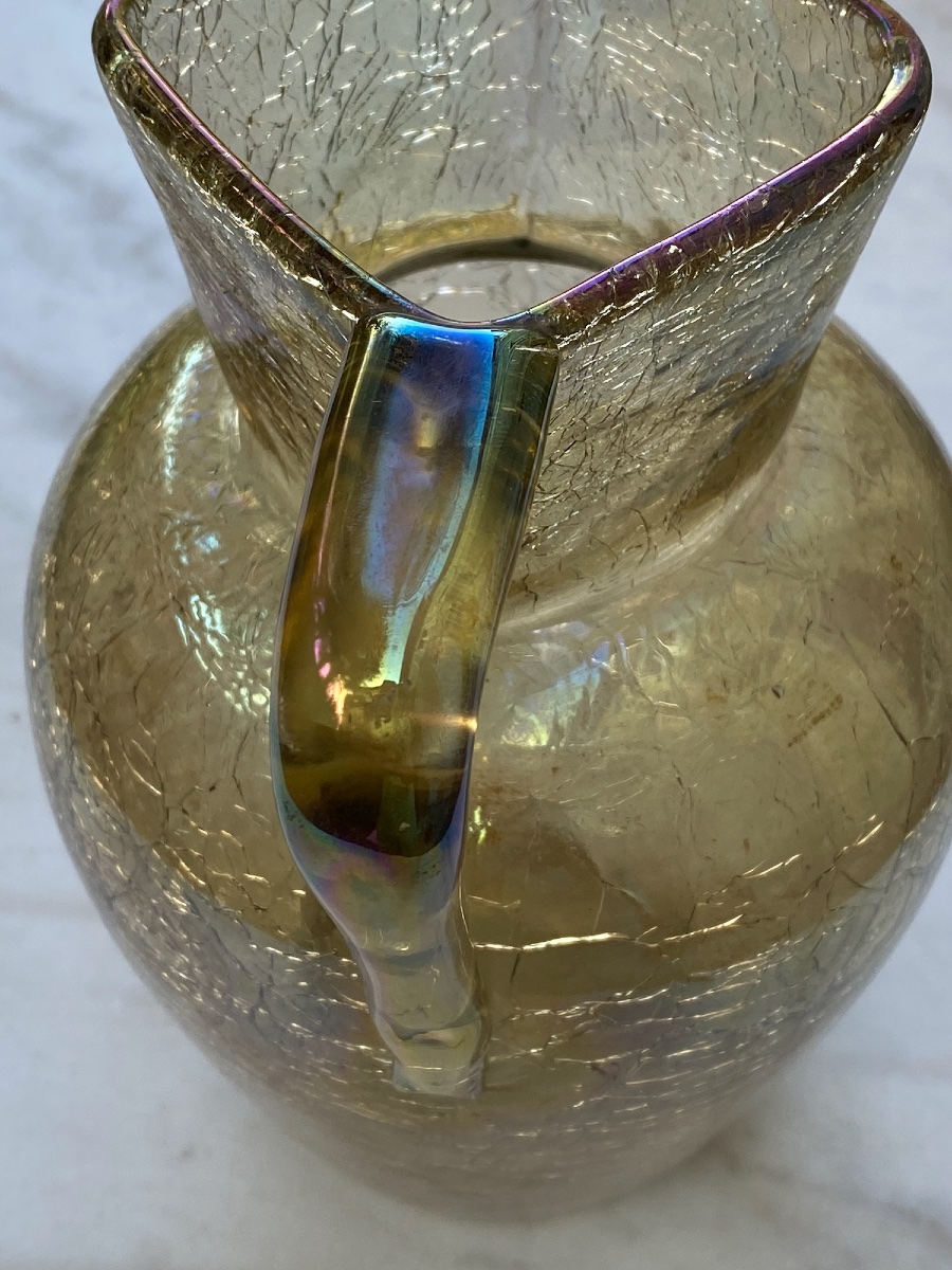Large Bohemian Iridescent Crackled Glass Pitcher, Circa 1900-photo-1