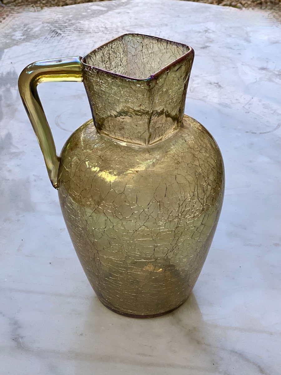 Large Bohemian Iridescent Crackled Glass Pitcher, Circa 1900-photo-2