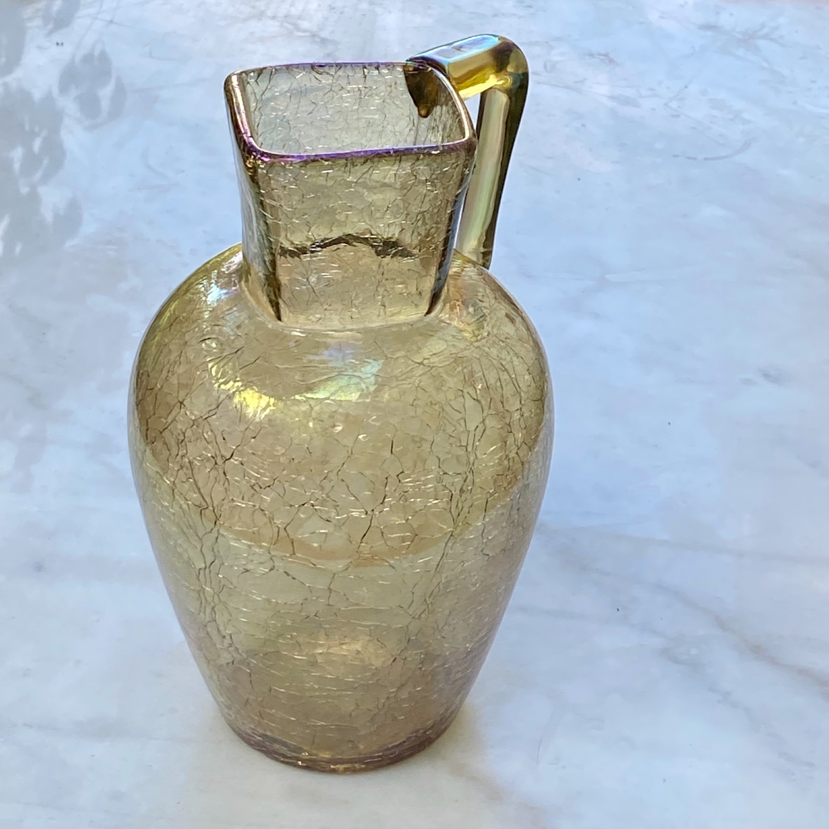 Large Bohemian Iridescent Crackled Glass Pitcher, Circa 1900