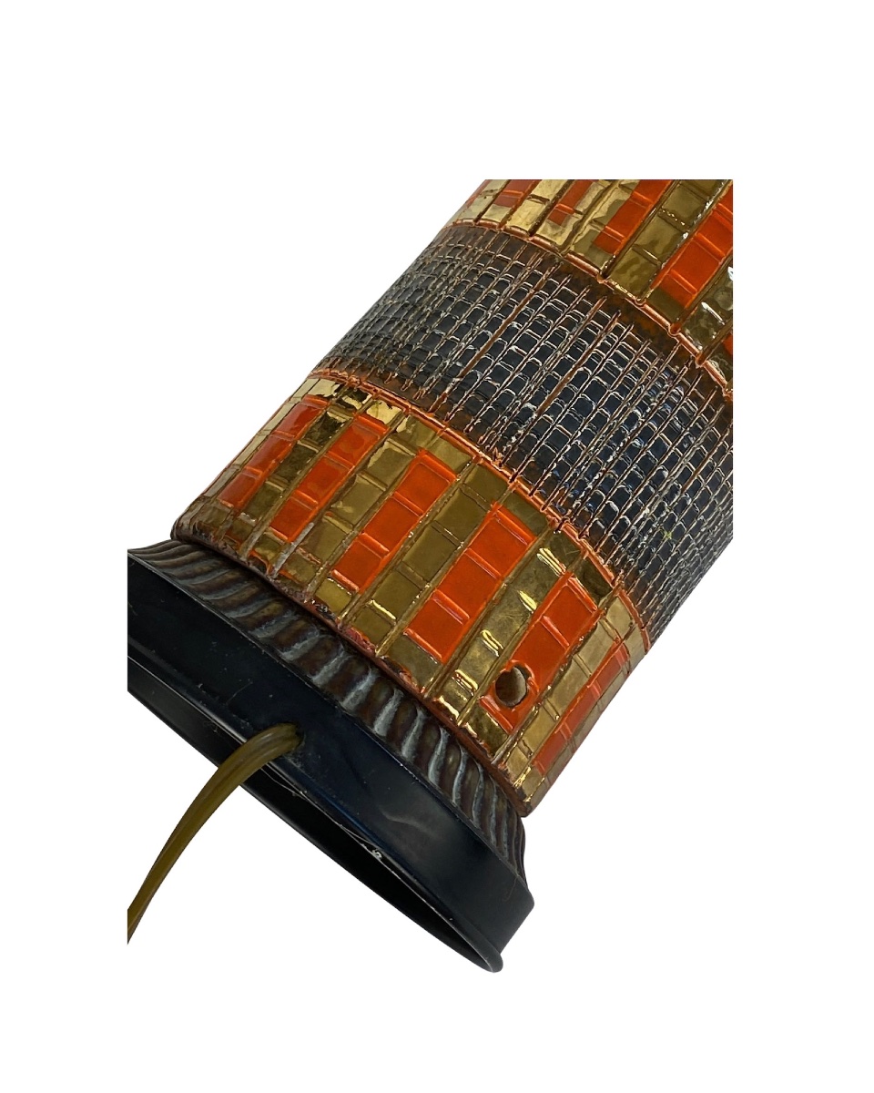 Ceramic Lamp Attributed To Bitossi – Italy, 1970s – Orange, Brown, And Gold Design-photo-2