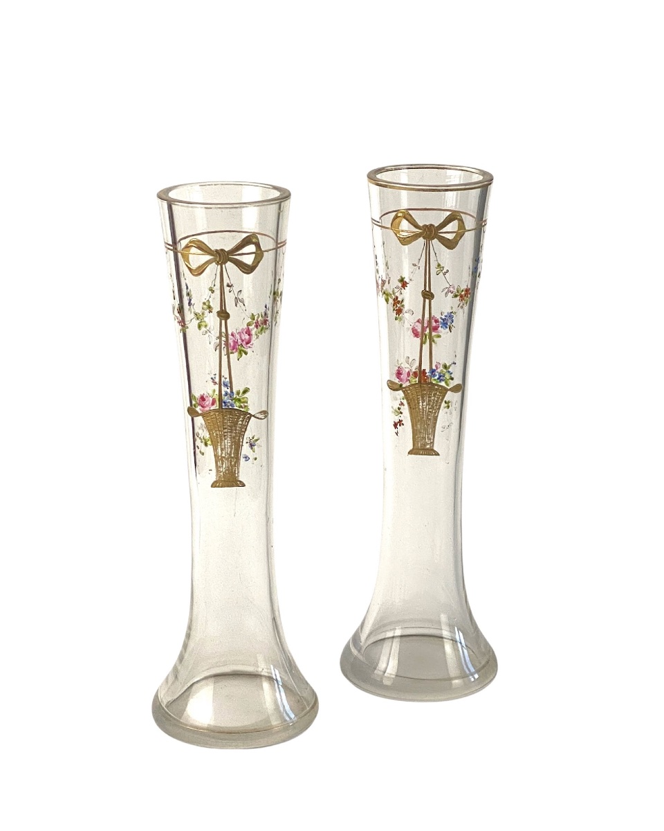 Pair Of Polychrome And Gilt Enameled Glass Vases, Bohemia, Circa 1900 — Josephinenhütte