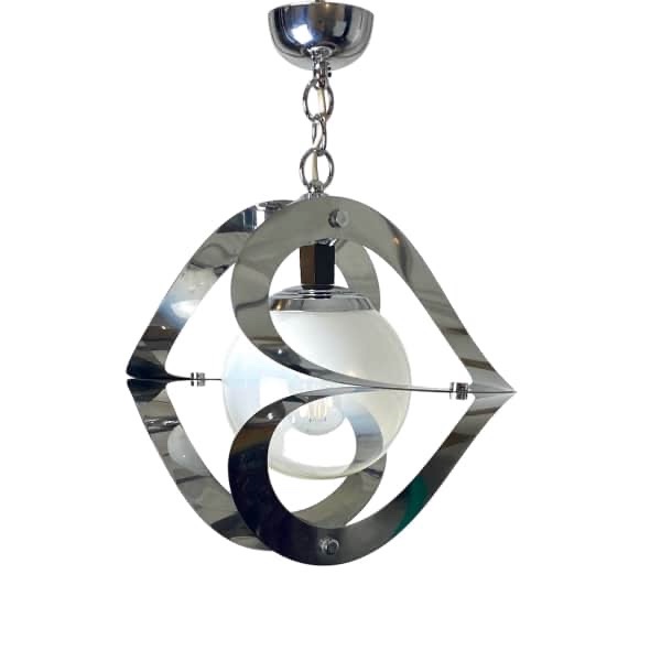 Suspension Space Age en chrome, bois et verre opalin, années 1970,  Mazzega ?-photo-2
