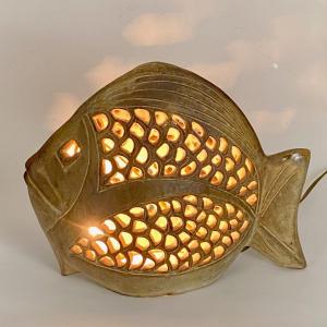 Agnès Escala Mid Century Lamp In Glazed Openwork Ceramic, Fish