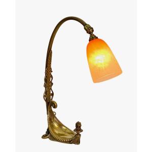 Art Nouveau Lamp, Bronze, Pâte De Verre, Signed Schneider