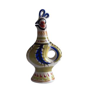 Bouteille zoomorphe au coq, Kéraluc Quimper, Pierre Toulhoat, années 1950