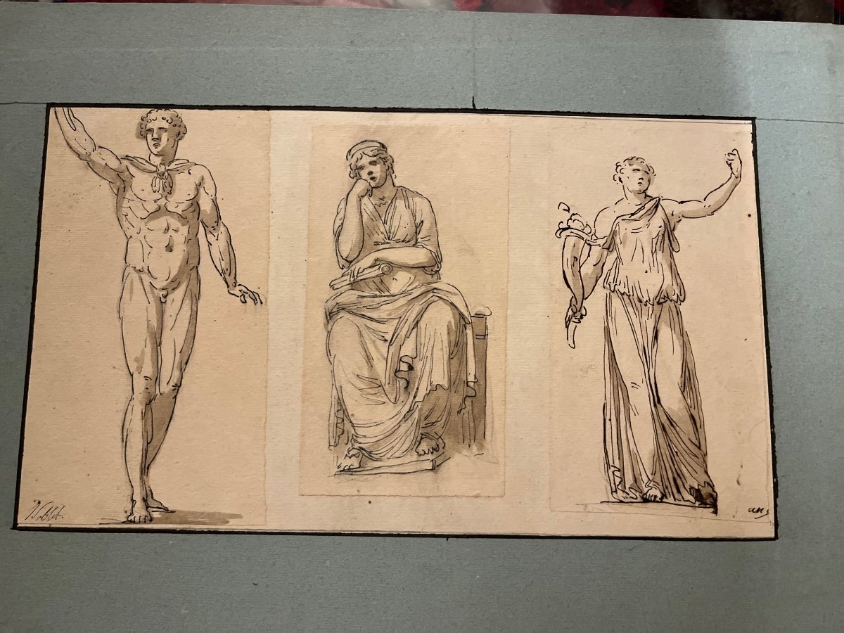 Trois études De Personnages à L’antique, Sur Un Même Montage. Signé Soblet. 18 éme.