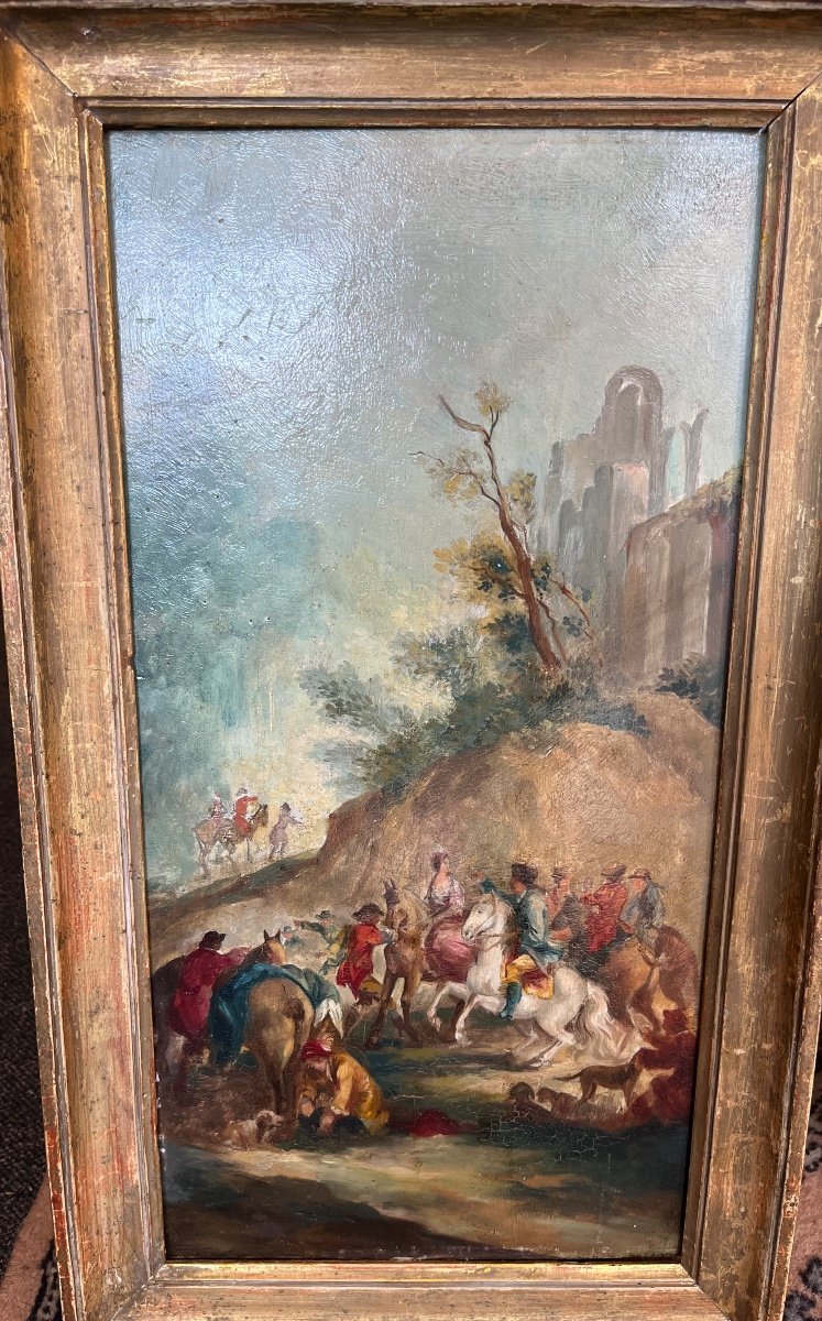 Painting On Wood, 18th, Modello Of An Equestrian Scene.