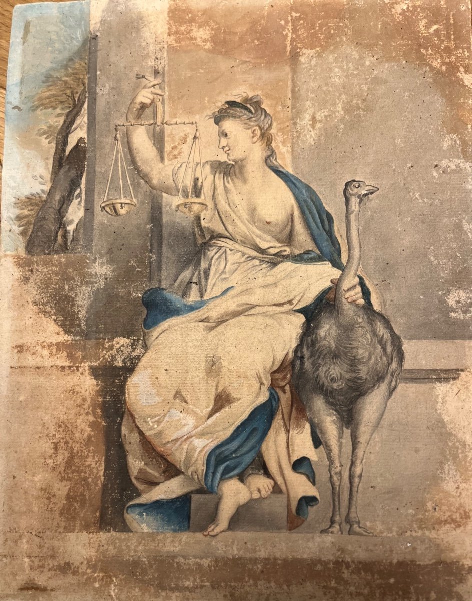 Amazing Portrait Of Justice Holding An Ostrich By The Neck. 18th 