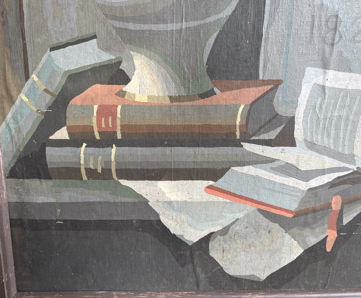 Grande Gouache Sur Papier, Nature Morte Au Violon , Vers 1940/50-photo-2