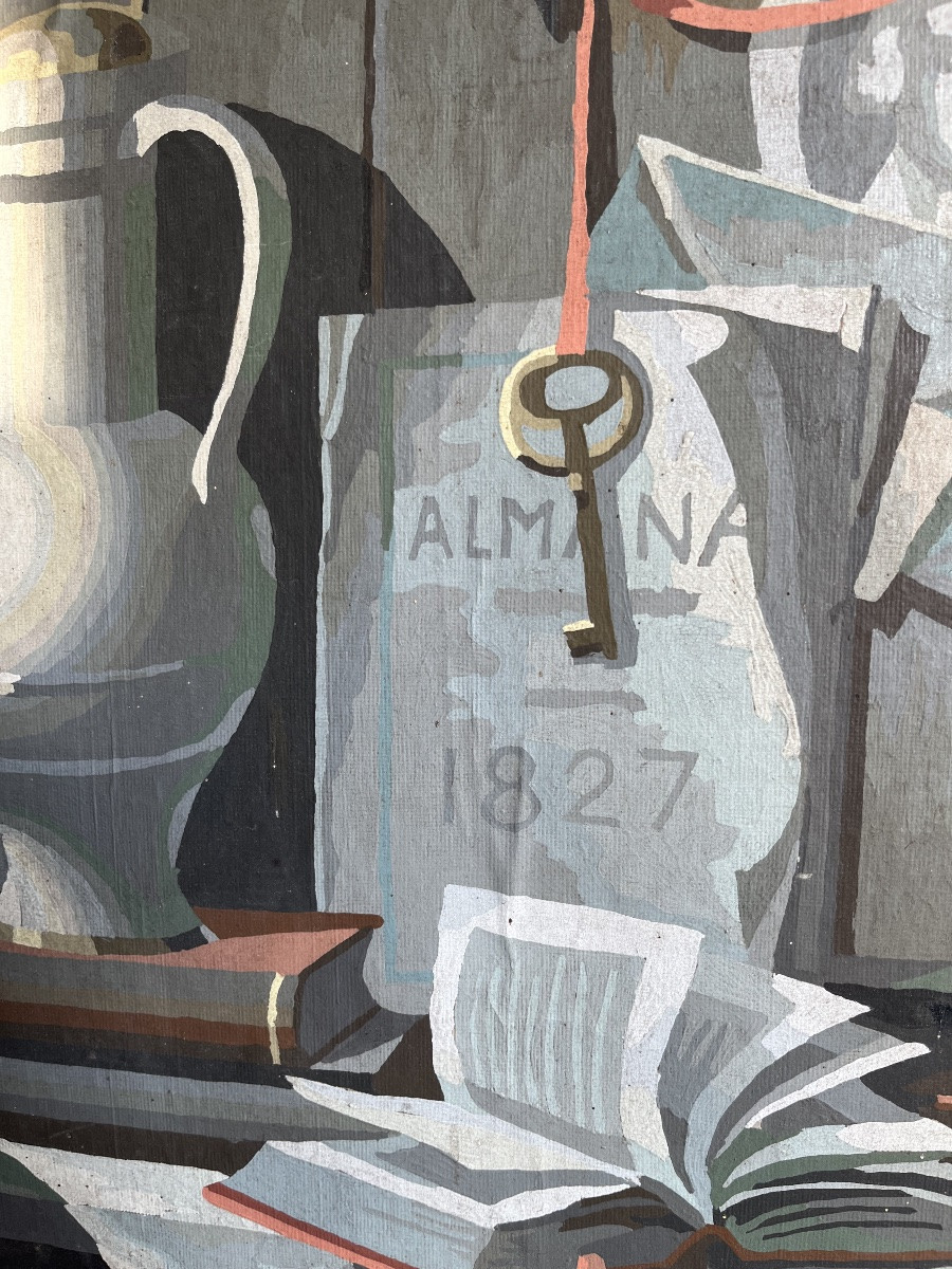 Grande Gouache Sur Papier, Nature Morte Au Violon , Vers 1940/50-photo-4