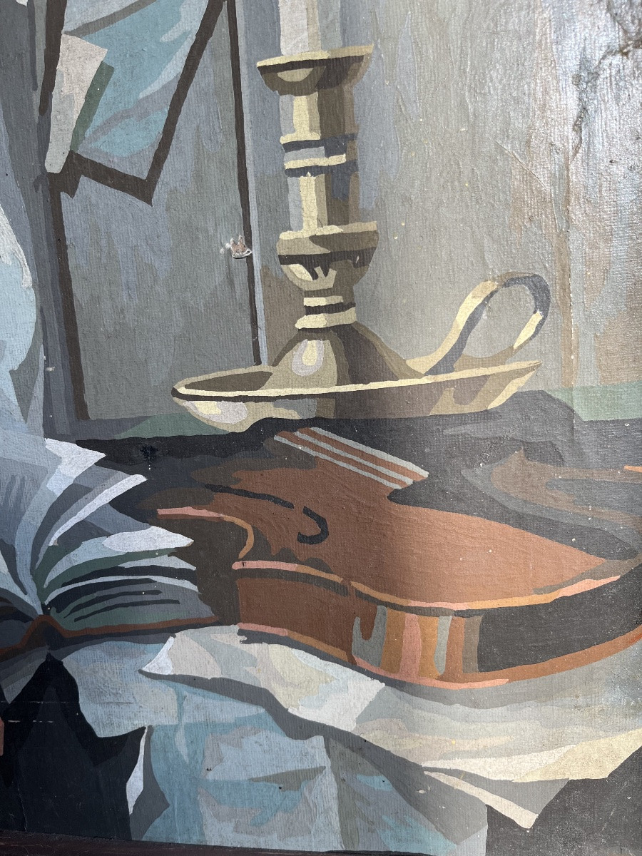 Grande Gouache Sur Papier, Nature Morte Au Violon , Vers 1940/50-photo-2
