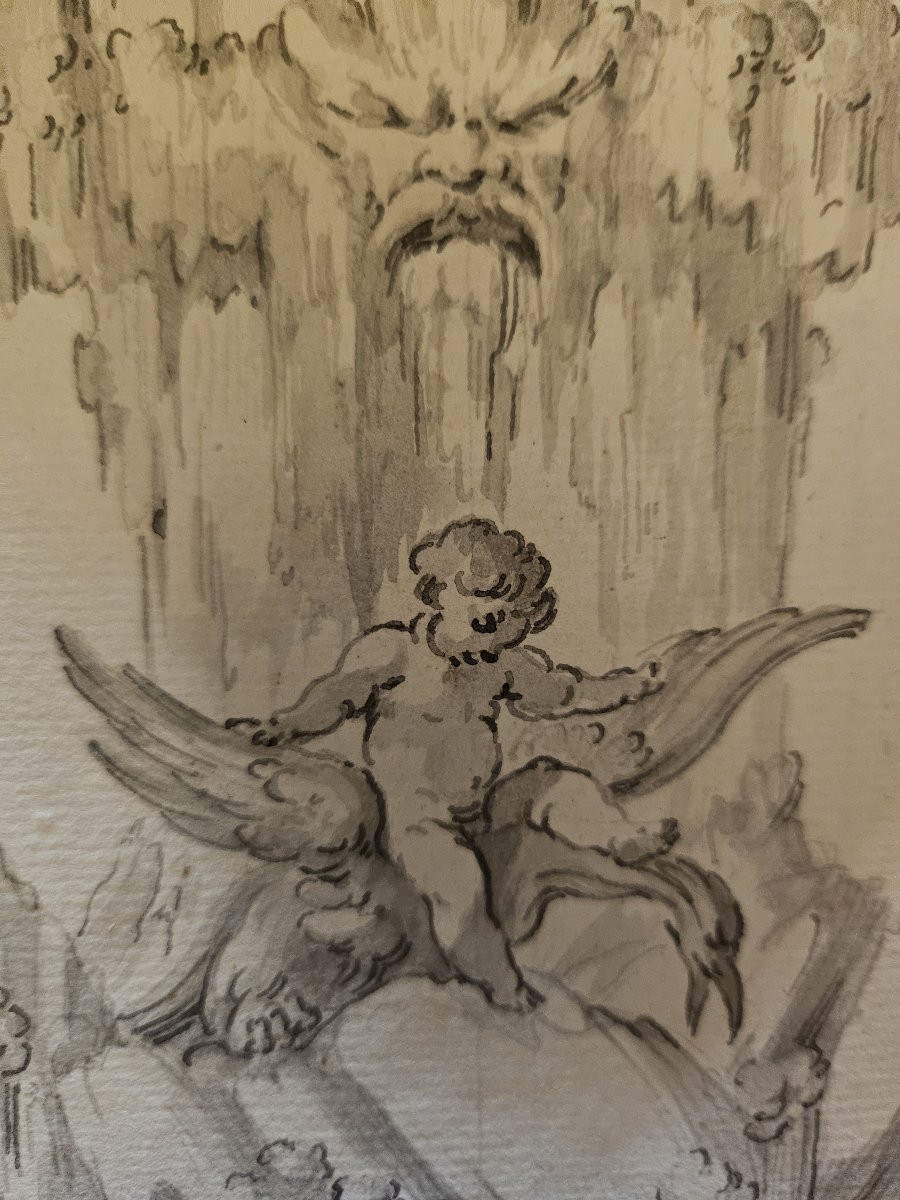 Projet De Fontaine Au Putto , XVII éme, Italie, Encre Grise.-photo-3