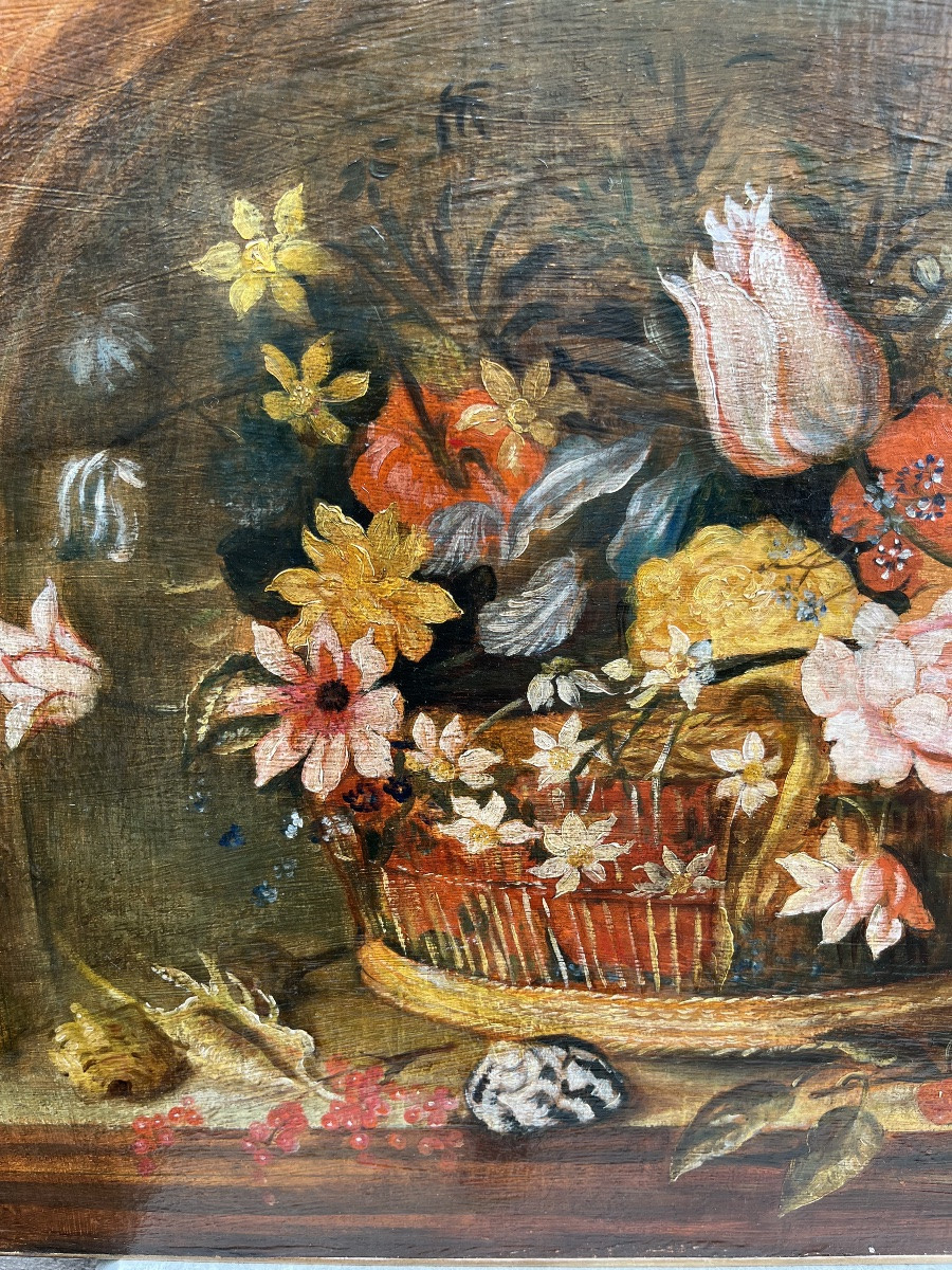 Huile Sur Toile, Panier De Fleurs , Avec Coquillages, Fruits, Dans Une Niche. Fin 19 éme Ou XXe-photo-2